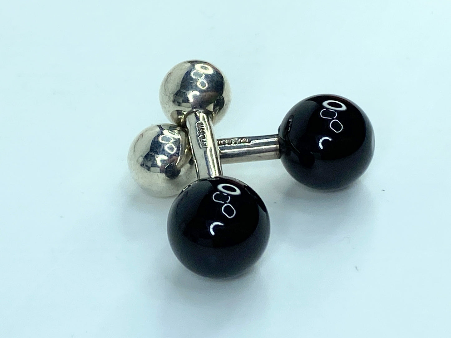 Tiffany & Co Silver Black Onyx Gemstone Barbell Cufflinks in pouch 7.3g SS115