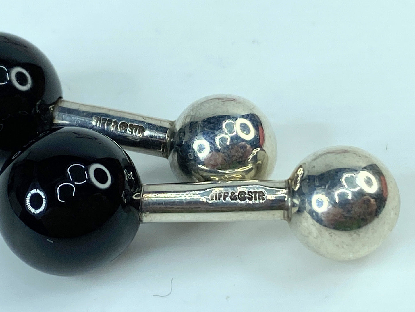 Tiffany & Co Silver Black Onyx Gemstone Barbell Cufflinks in pouch 7.3g SS115
