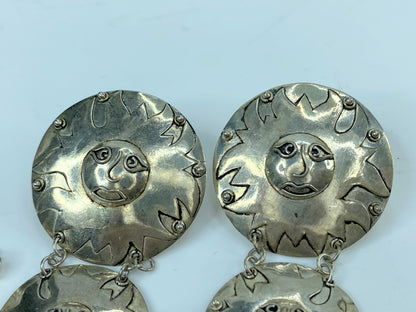 Sterling silver Happy Sunburst Face graduated size dangle earrings 3.0" JR9324