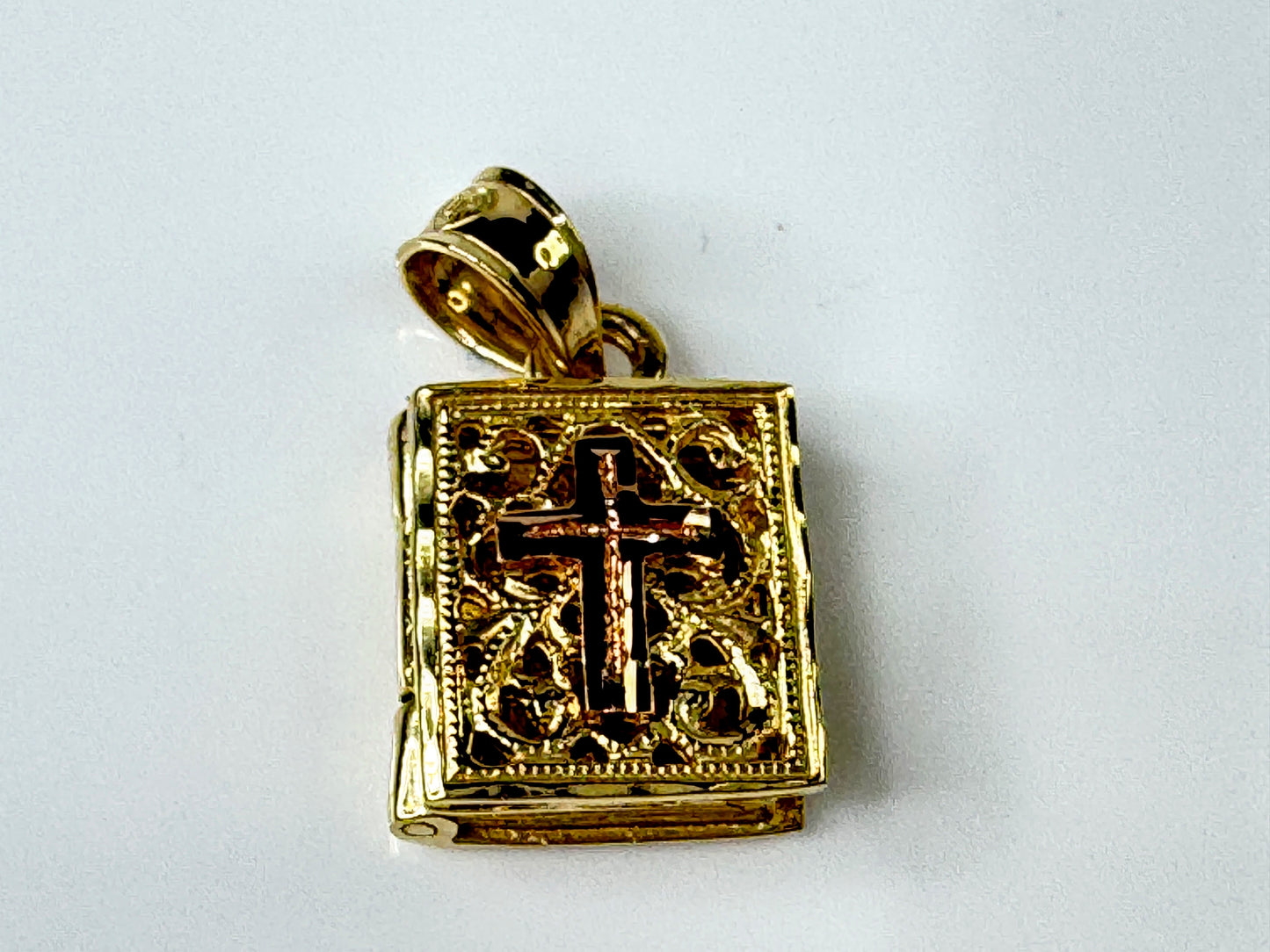 14K Gold Holy Bible Charm with Rose Gold Cross and Lords Prayer JR1731