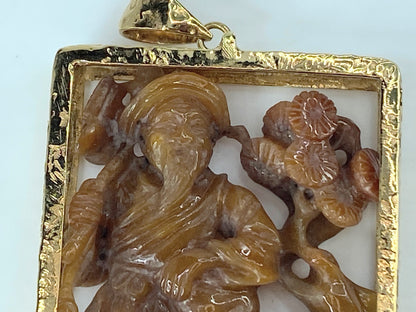 Custom orange jadeite carving wiseman with boy cradling a fish