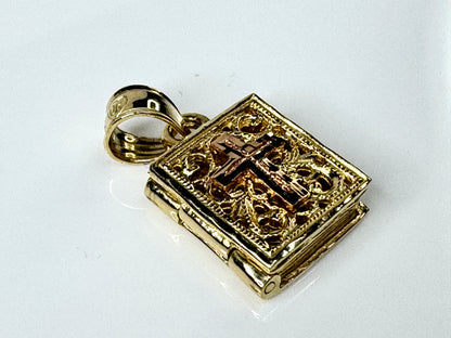 14K Gold Holy Bible Charm with Rose Gold Cross and Lords Prayer JR1731