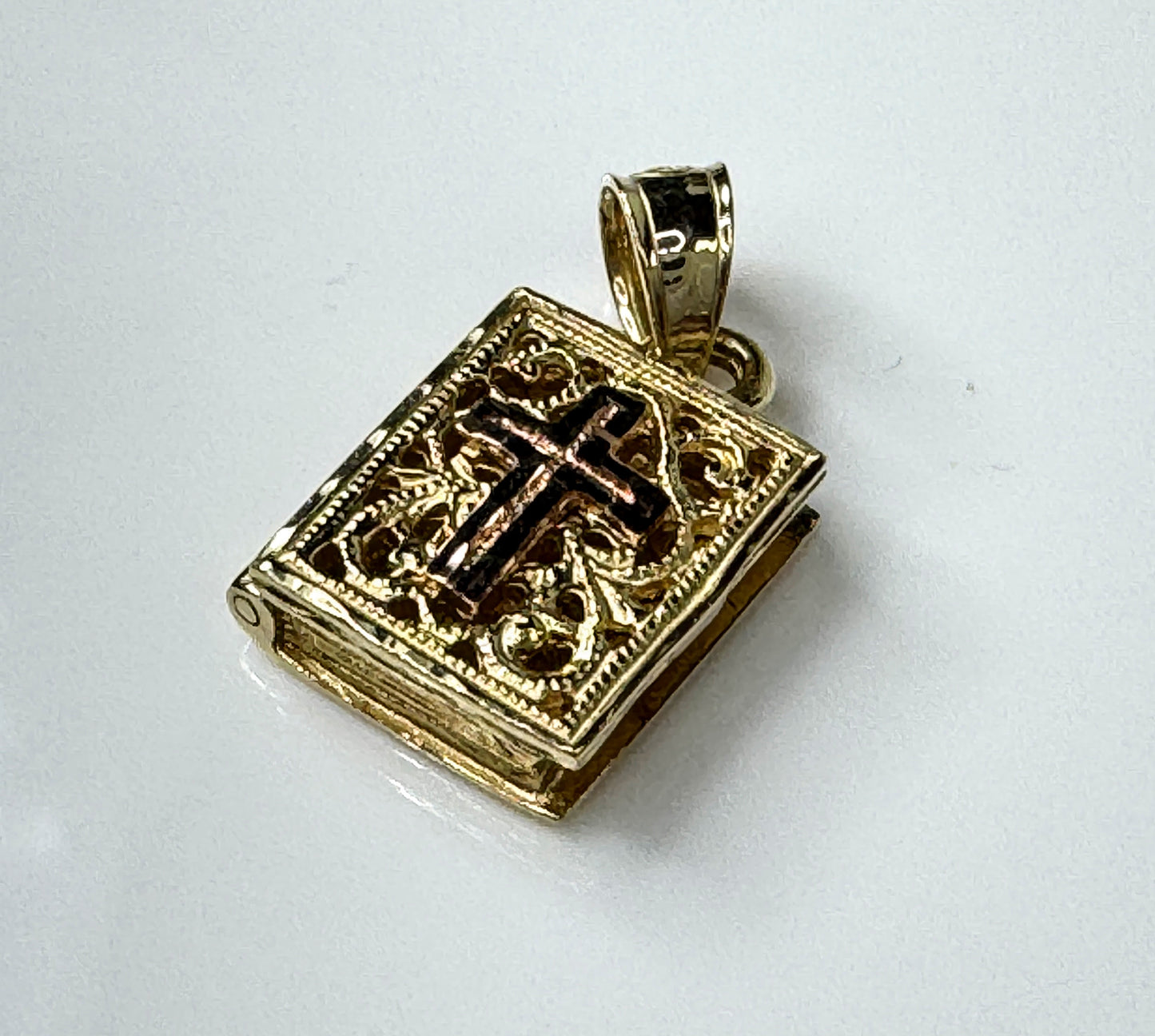 14K Gold Holy Bible Charm with Rose Gold Cross and Lords Prayer JR1731
