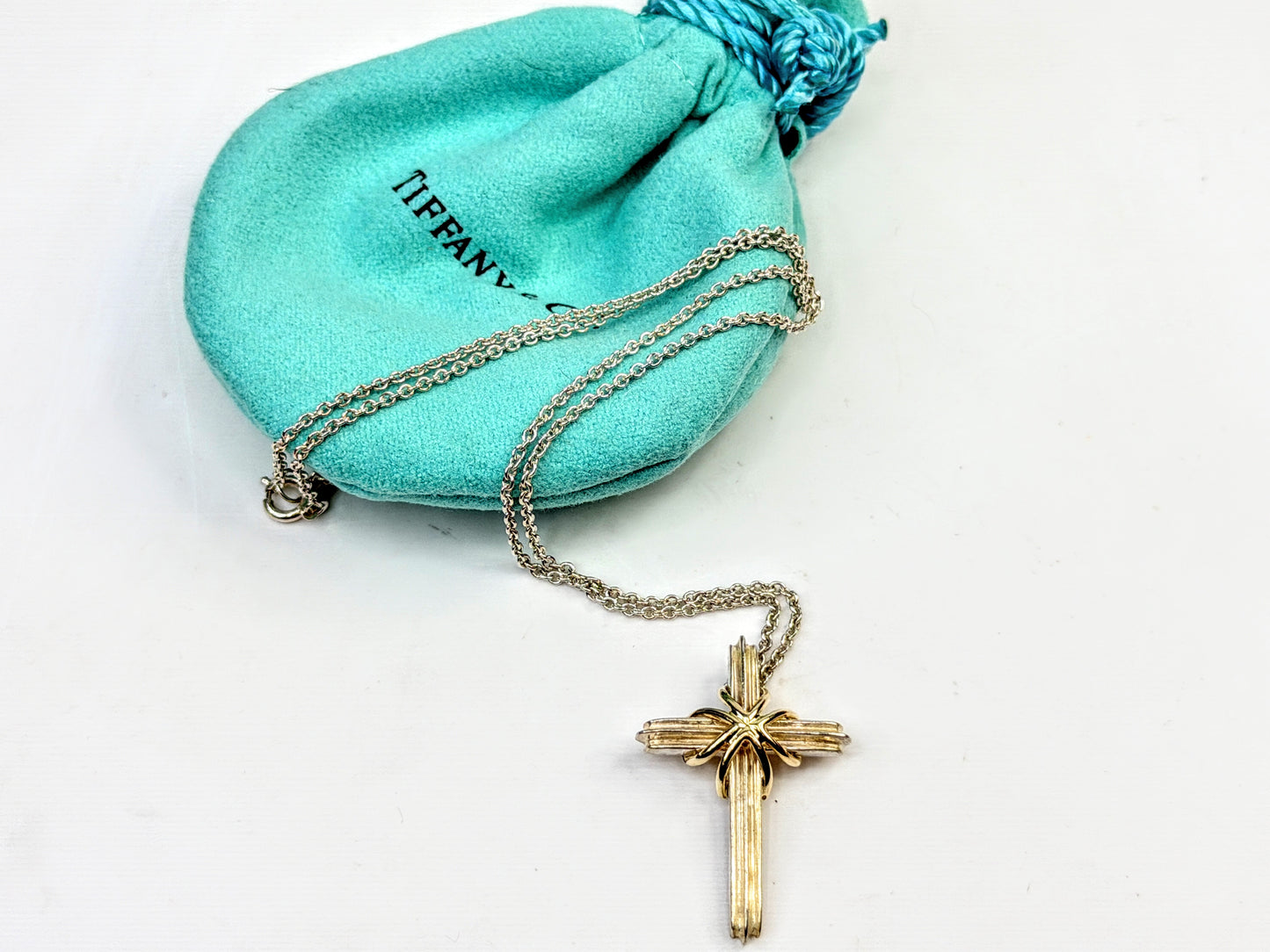 Tiffany & Co Signature Cross Silver 925 750 18K Gold Pendant Necklace 16" JR1571