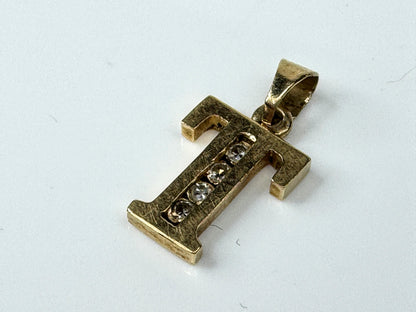 Vintage Art Carved 14K Yellow Gold Round Diamond Initial T Pendant Charm JR1736