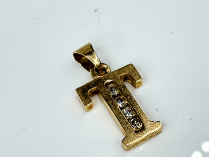 Vintage Art Carved 14K Yellow Gold Round Diamond Initial T Pendant Charm JR1736