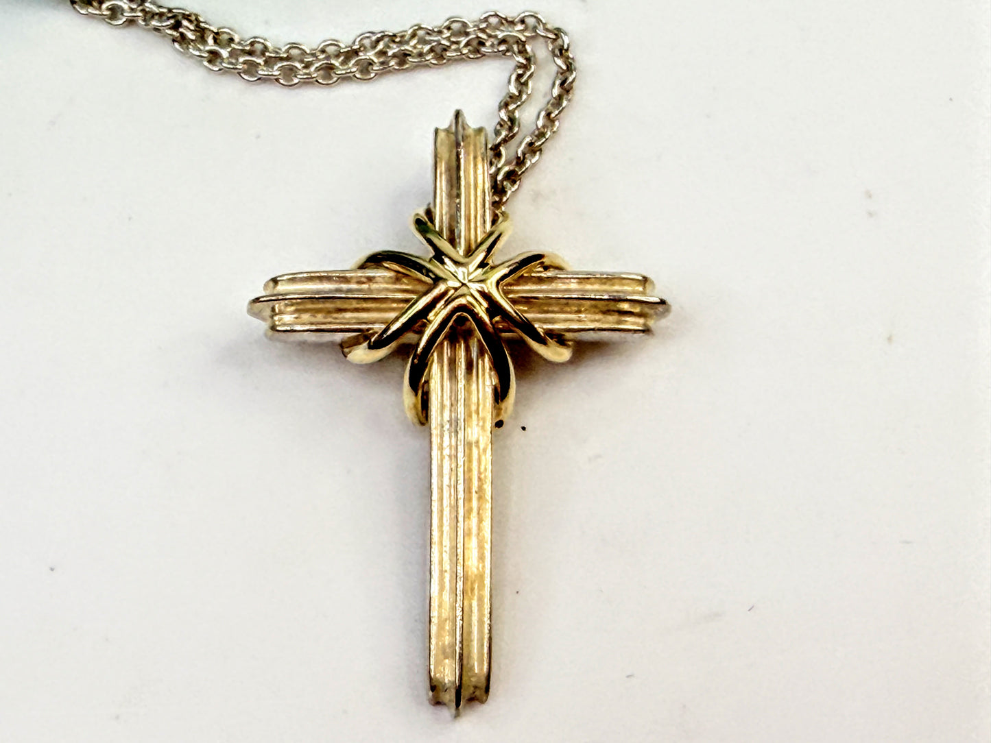 Tiffany & Co Signature Cross Silver 925 750 18K Gold Pendant Necklace 16" JR1571