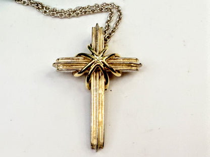 Tiffany & Co Signature Cross Silver 925 750 18K Gold Pendant Necklace 16" JR1571