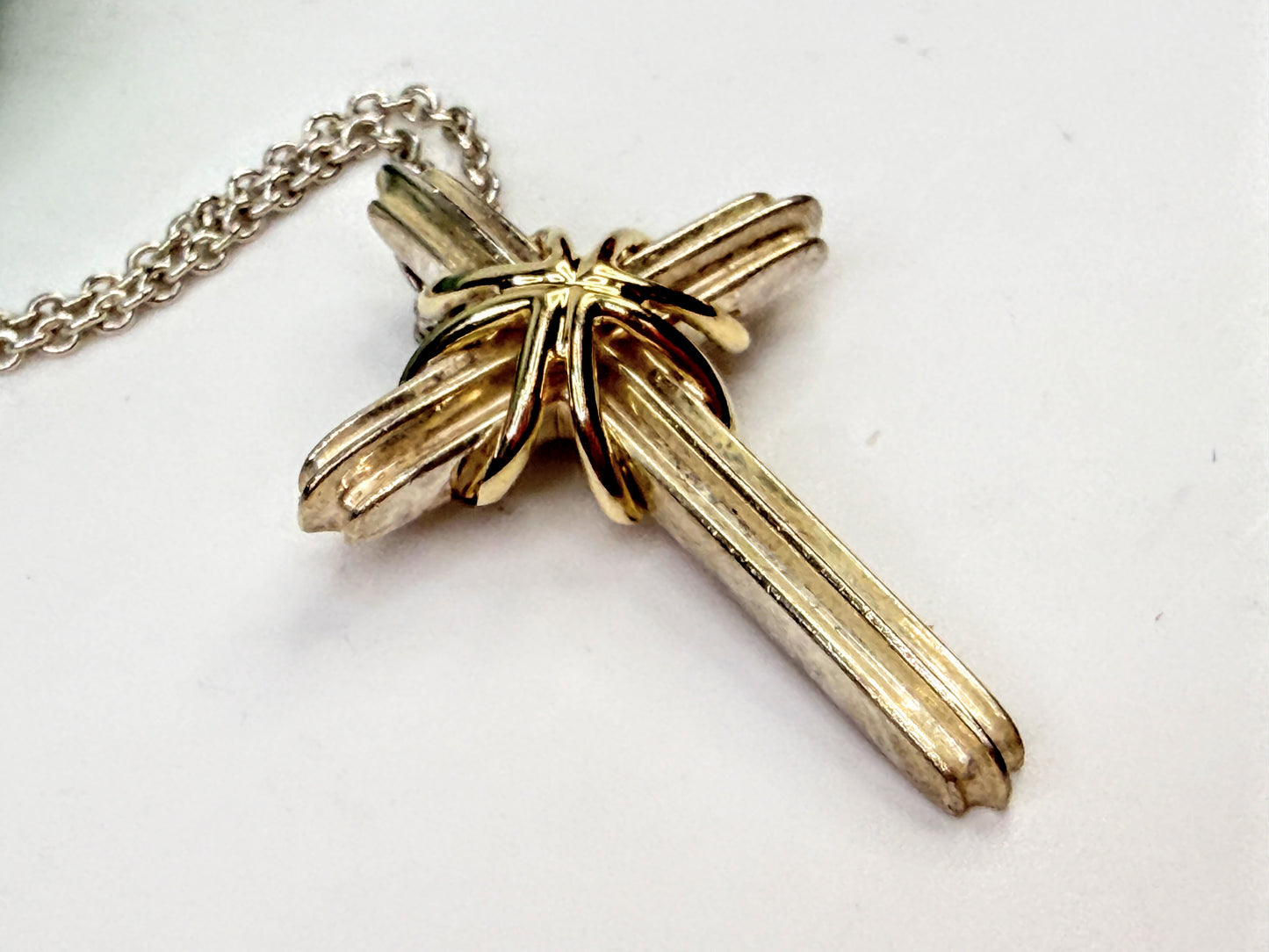 Tiffany & Co Signature Cross Silver 925 750 18K Gold Pendant Necklace 16" JR1571