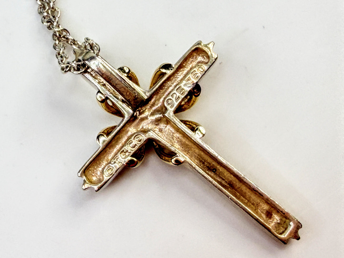 Tiffany & Co Signature Cross Silver 925 750 18K Gold Pendant Necklace 16" JR1571