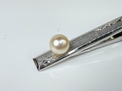 Sterling Silver 7mm Pearl Tie Bar Clip with Chain Faux Leather Case SS440