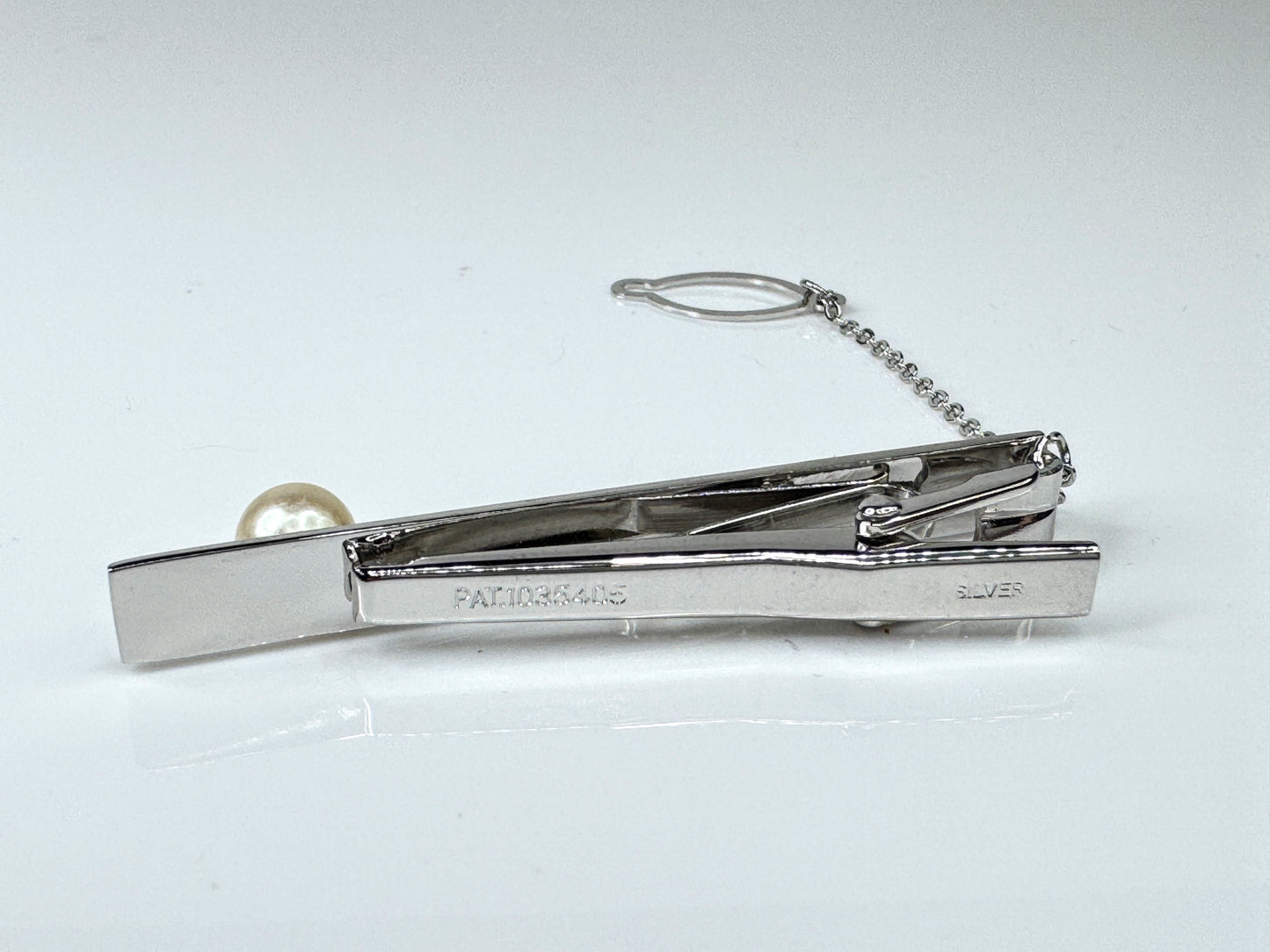 Sterling Silver 7mm Pearl Tie Bar Clip with Chain Faux Leather Case SS440