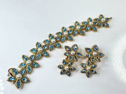 Vintage Christian Dior Blue Rhinestone Faux Pearl Flower Bracelet Earrings GS837
