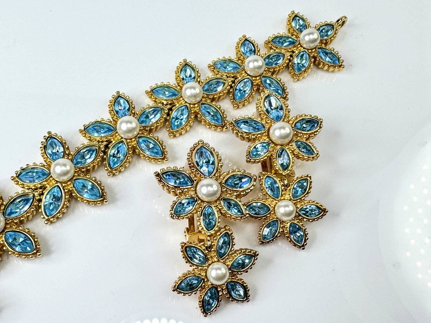 Vintage Christian Dior Blue Rhinestone Faux Pearl Flower Bracelet Earrings GS837