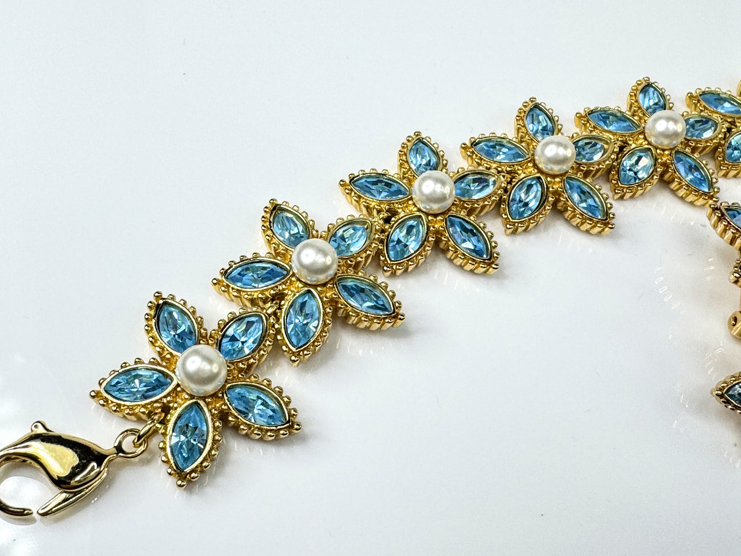 Vintage Christian Dior Blue Rhinestone Faux Pearl Flower Bracelet Earrings GS837