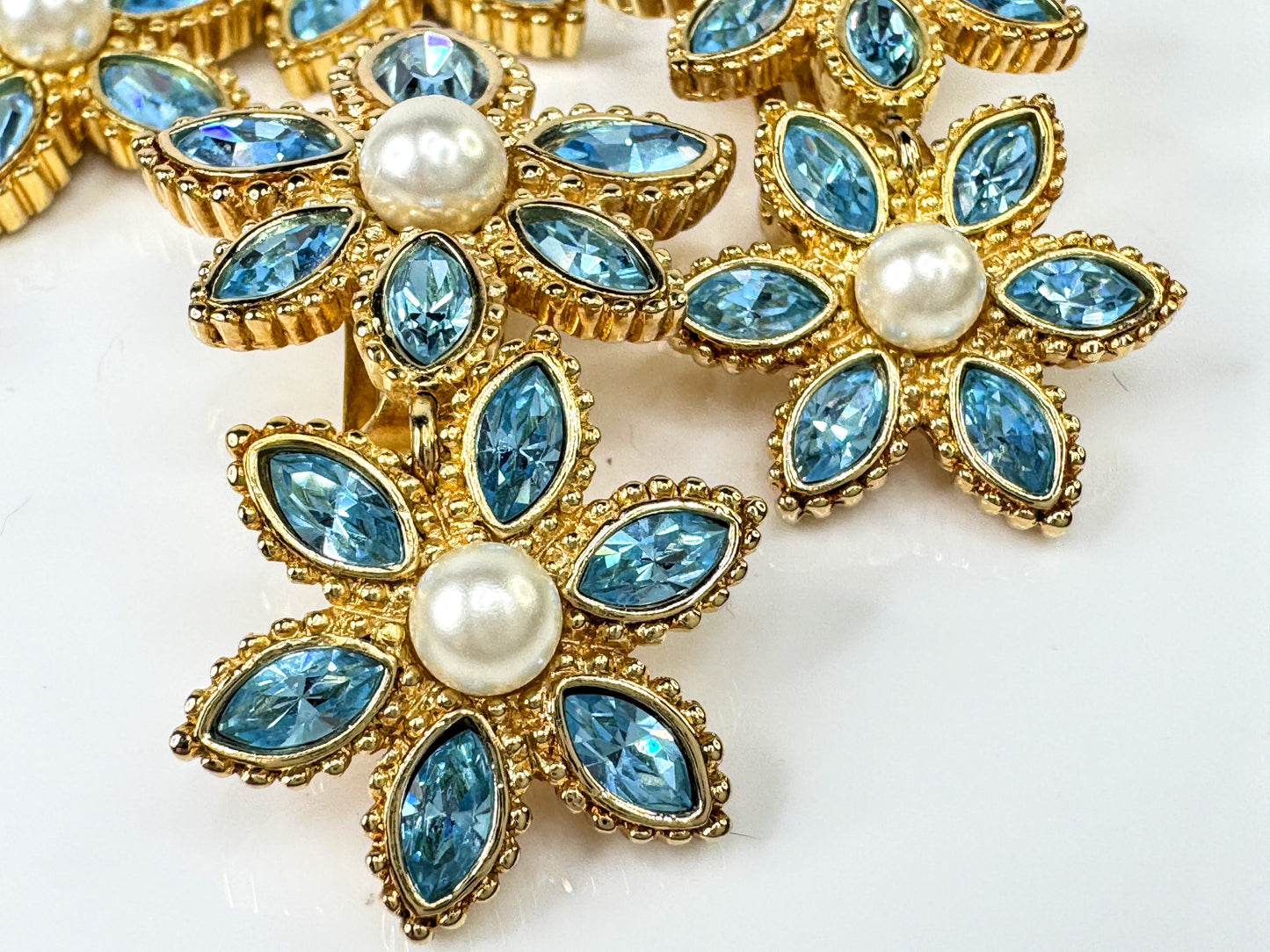 Vintage Christian Dior Blue Rhinestone Faux Pearl Flower Bracelet Earrings GS837