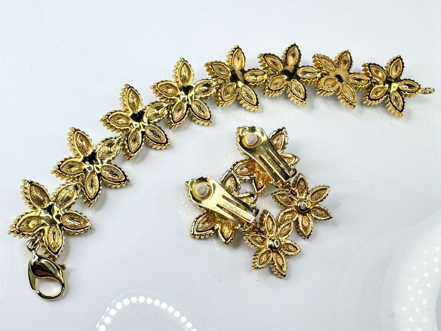 Vintage Christian Dior Blue Rhinestone Faux Pearl Flower Bracelet Earrings GS837