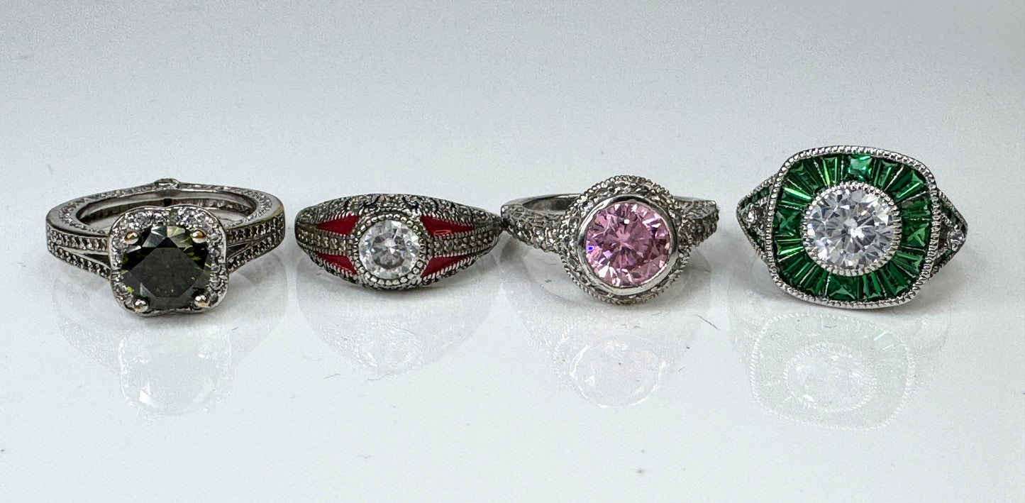 Sterling Silver 925 Art Deco Style CZ Color Accent Ring Lot of 4 JR1737