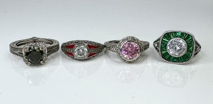 Sterling Silver 925 Art Deco Style CZ Color Accent Ring Lot of 4 JR1737