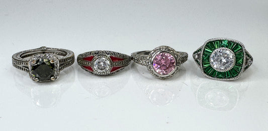 Sterling Silver 925 Art Deco Style CZ Color Accent Ring Lot of 4 JR1737