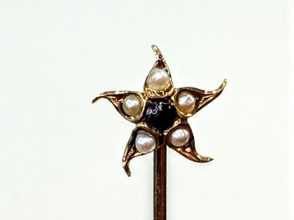 Vintage 15K Gold Garnet and Seed Pearl Starburst Stick Pin JR1573
