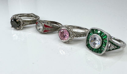 Sterling Silver 925 Art Deco Style CZ Color Accent Ring Lot of 4 JR1737