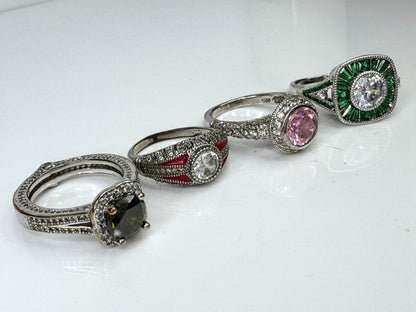 Sterling Silver 925 Art Deco Style CZ Color Accent Ring Lot of 4 JR1737