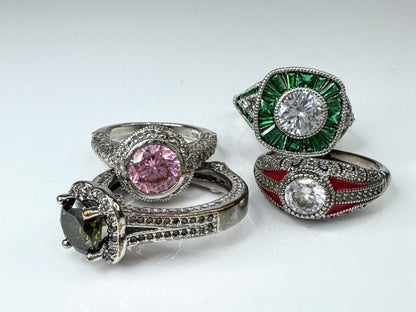 Sterling Silver 925 Art Deco Style CZ Color Accent Ring Lot of 4 JR1737