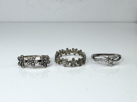 Lot of 3 Sterling Silver Floral & Rhinestone Rings JR1738