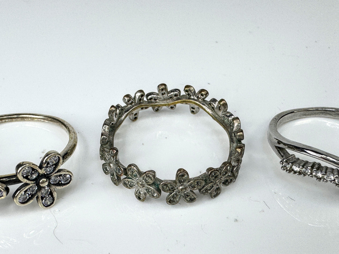 Lot of 3 Sterling Silver Floral & Rhinestone Rings JR1738