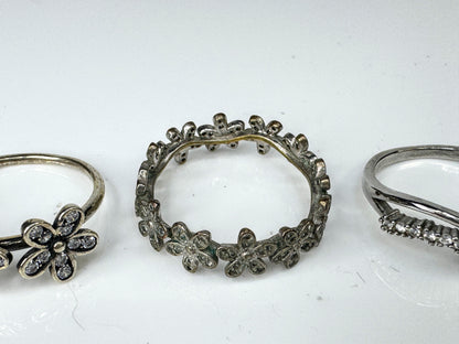 Lot of 3 Sterling Silver Floral & Rhinestone Rings JR1738
