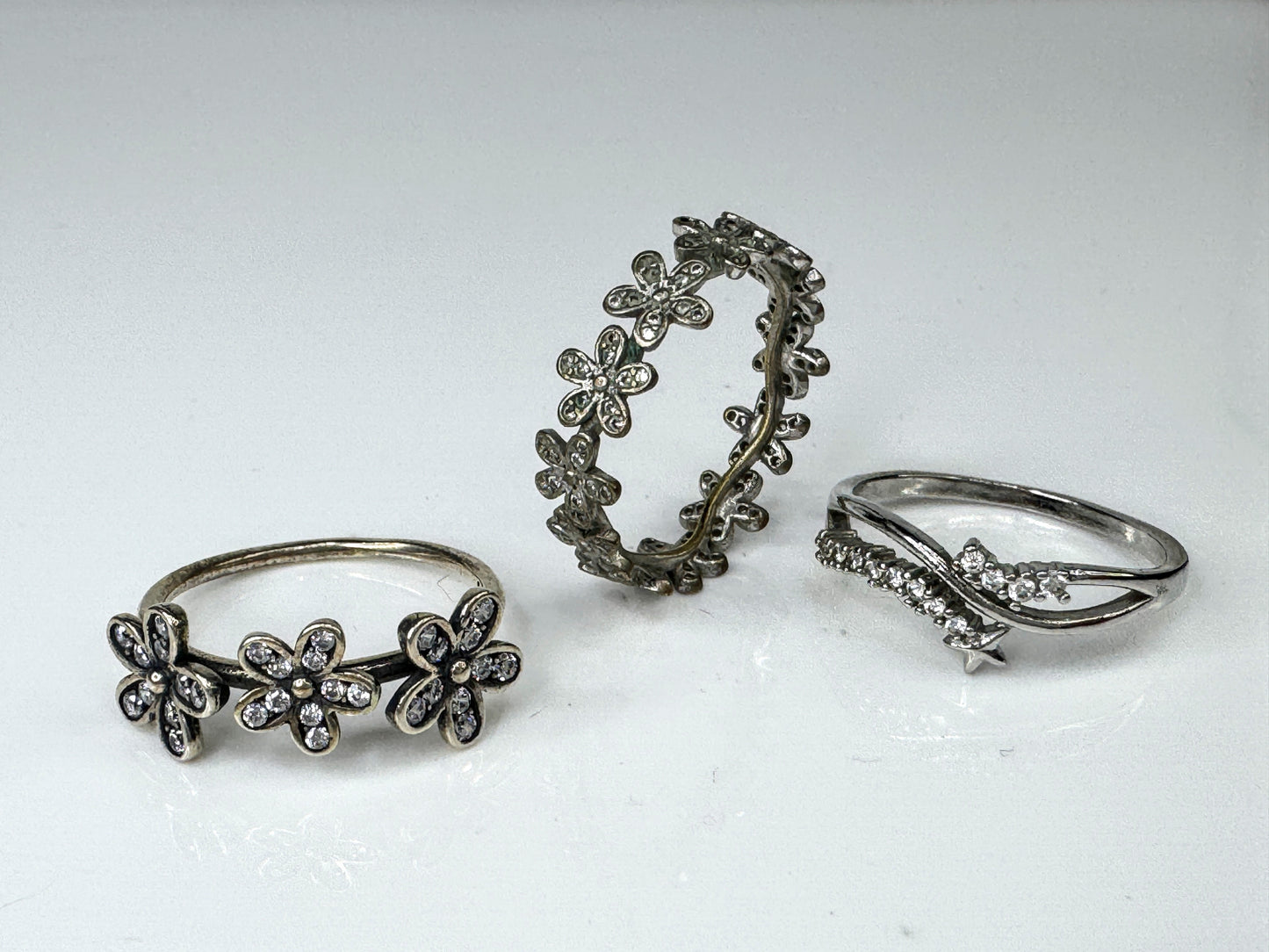 Lot of 3 Sterling Silver Floral & Rhinestone Rings JR1738