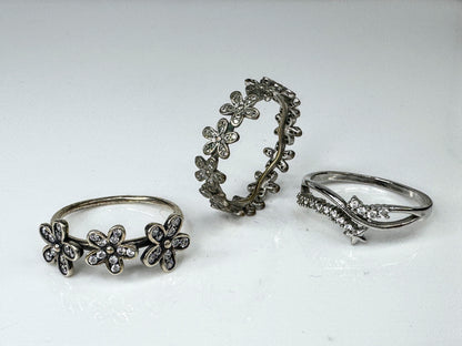 Lot of 3 Sterling Silver Floral & Rhinestone Rings JR1738