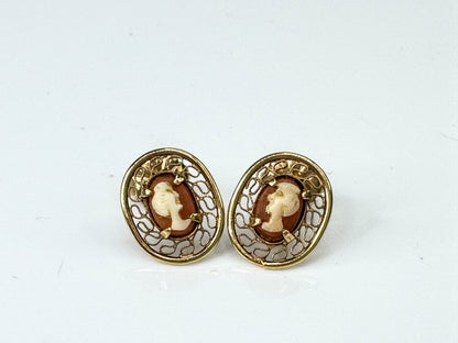 Vintage 14K Yellow Gold Carved Shell Cameo Stud Earrings, Filigree Frame JR1740
