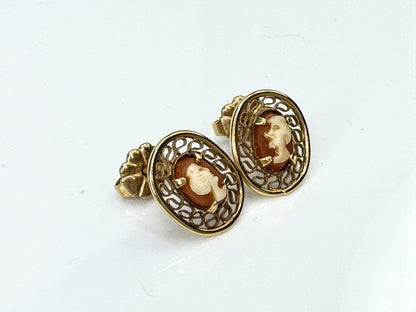 Vintage 14K Yellow Gold Carved Shell Cameo Stud Earrings, Filigree Frame JR1740