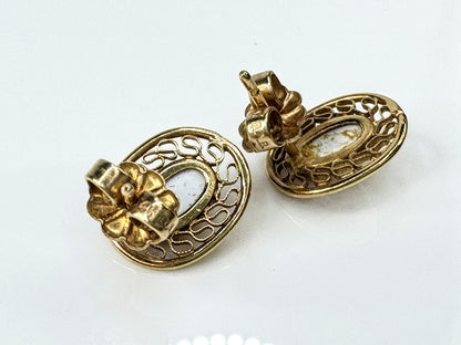 Vintage 14K Yellow Gold Carved Shell Cameo Stud Earrings, Filigree Frame JR1740