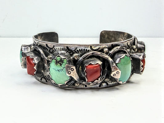 Vintage Navajo Turquoise Coral Sterling Silver Cuff Bracelet 82.9g 7"JR1581