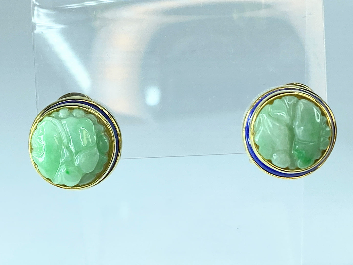 GIA variegated green Jadeite jade Lapis Lazuli 14K omega back earrings JR9256