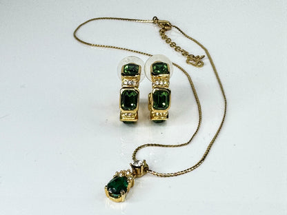Vintage Christian Dior Gold Tone Green Crystal Necklace Earrings Excellent GS838