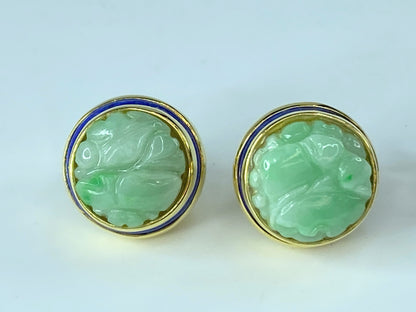 GIA variegated green Jadeite jade Lapis Lazuli 14K omega back earrings JR9256