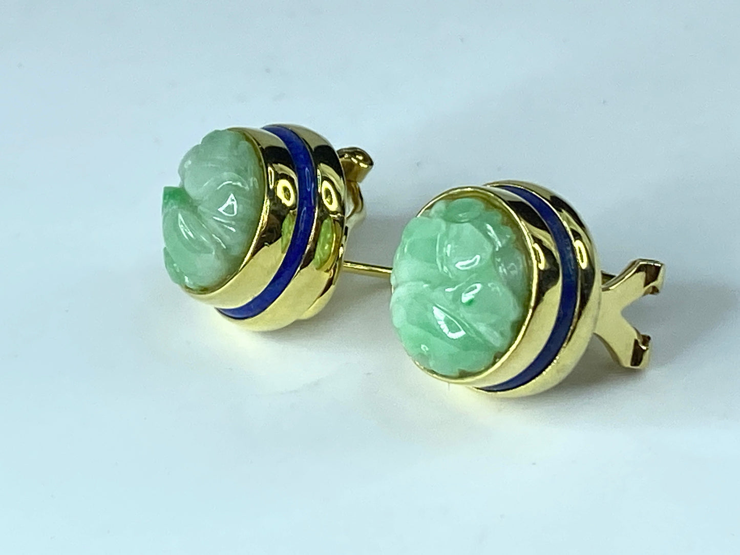 GIA variegated green Jadeite jade Lapis Lazuli 14K omega back earrings JR9256