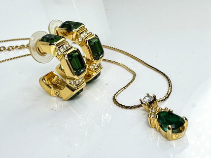 Vintage Christian Dior Gold Tone Green Crystal Necklace Earrings Excellent GS838