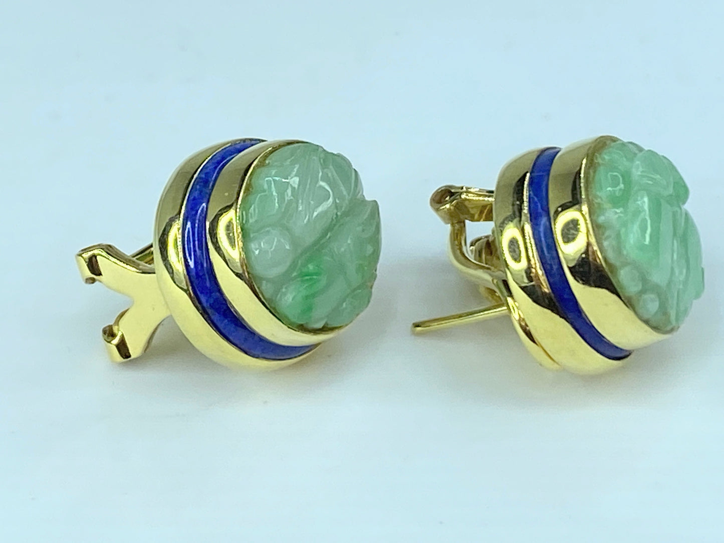 GIA variegated green Jadeite jade Lapis Lazuli 14K omega back earrings JR9256