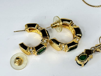 Vintage Christian Dior Gold Tone Green Crystal Necklace Earrings Excellent GS838