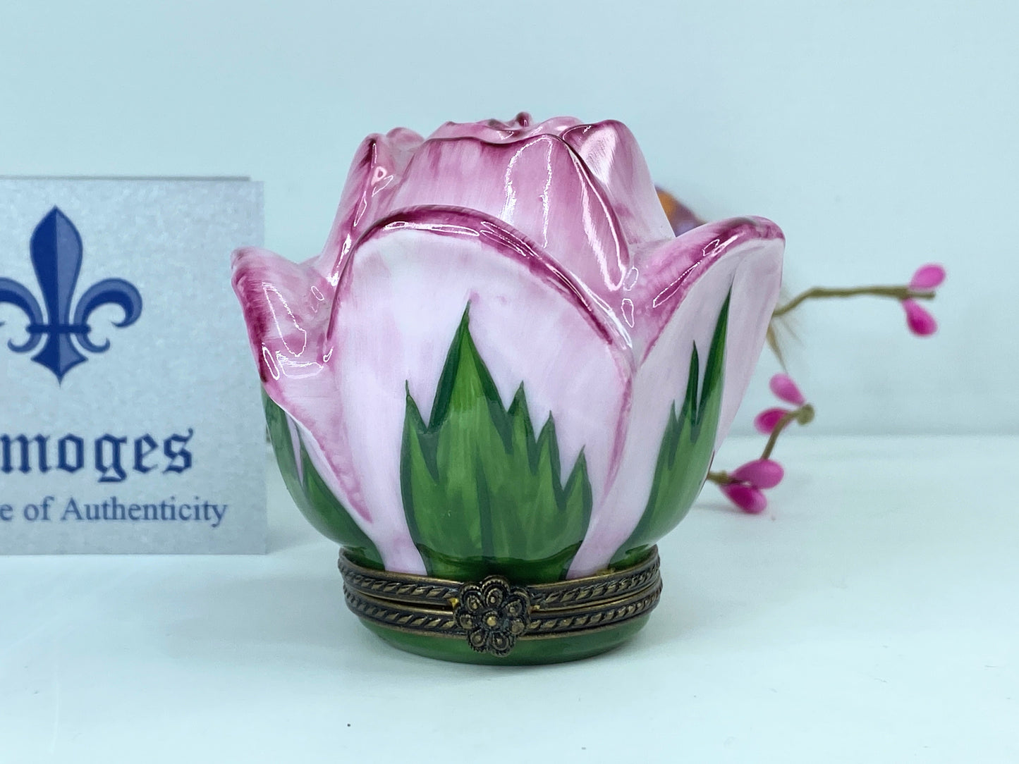 Ornate Signed BRC Limoges Peint Main Open Rose Bud Limoges trinket box A542