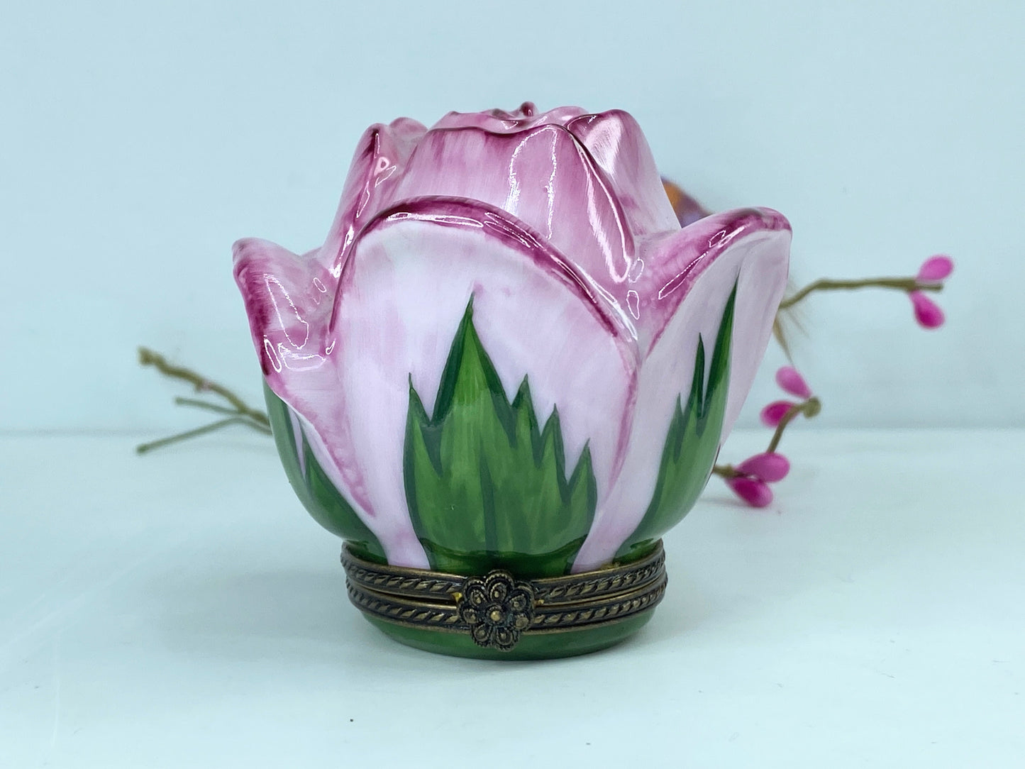 Ornate Signed BRC Limoges Peint Main Open Rose Bud Limoges trinket box A542