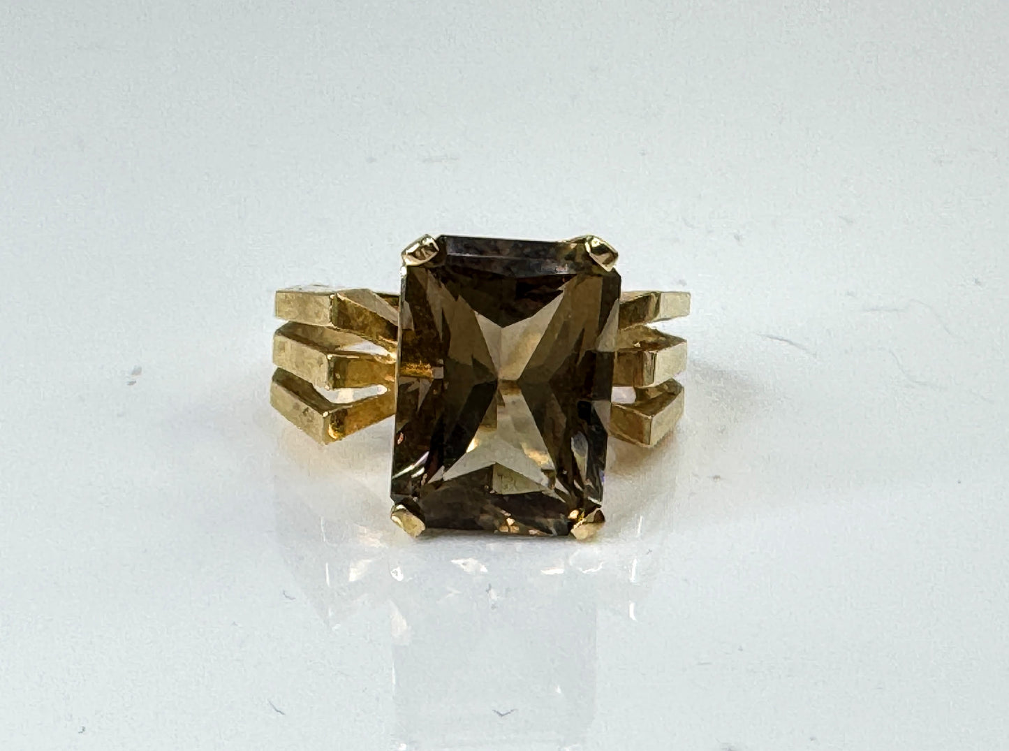 14K Gold Smoky Quartz Geometric Statement Ring Triple Shanks s7 4.9g JR1742