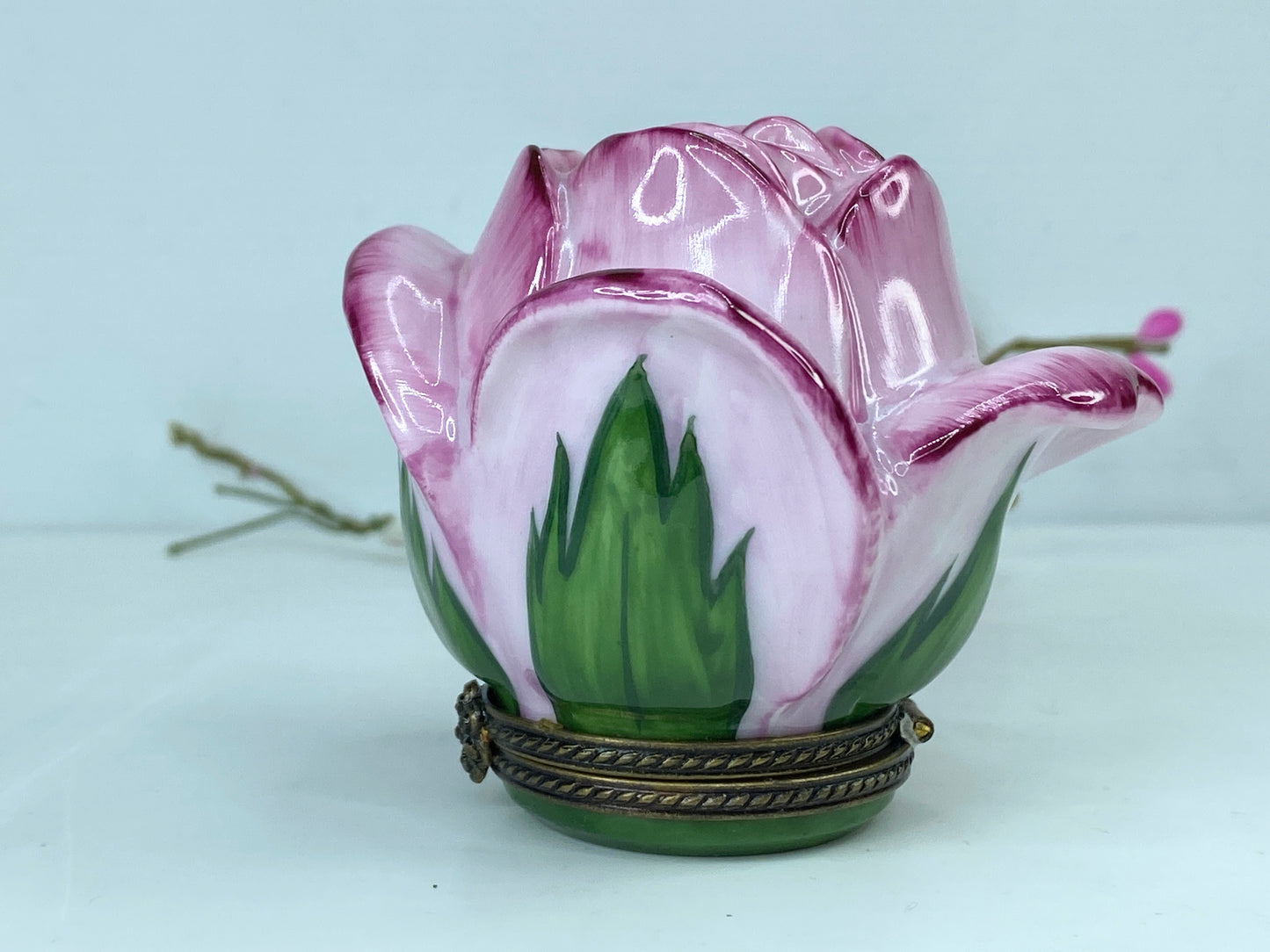 Ornate Signed BRC Limoges Peint Main Open Rose Bud Limoges trinket box A542