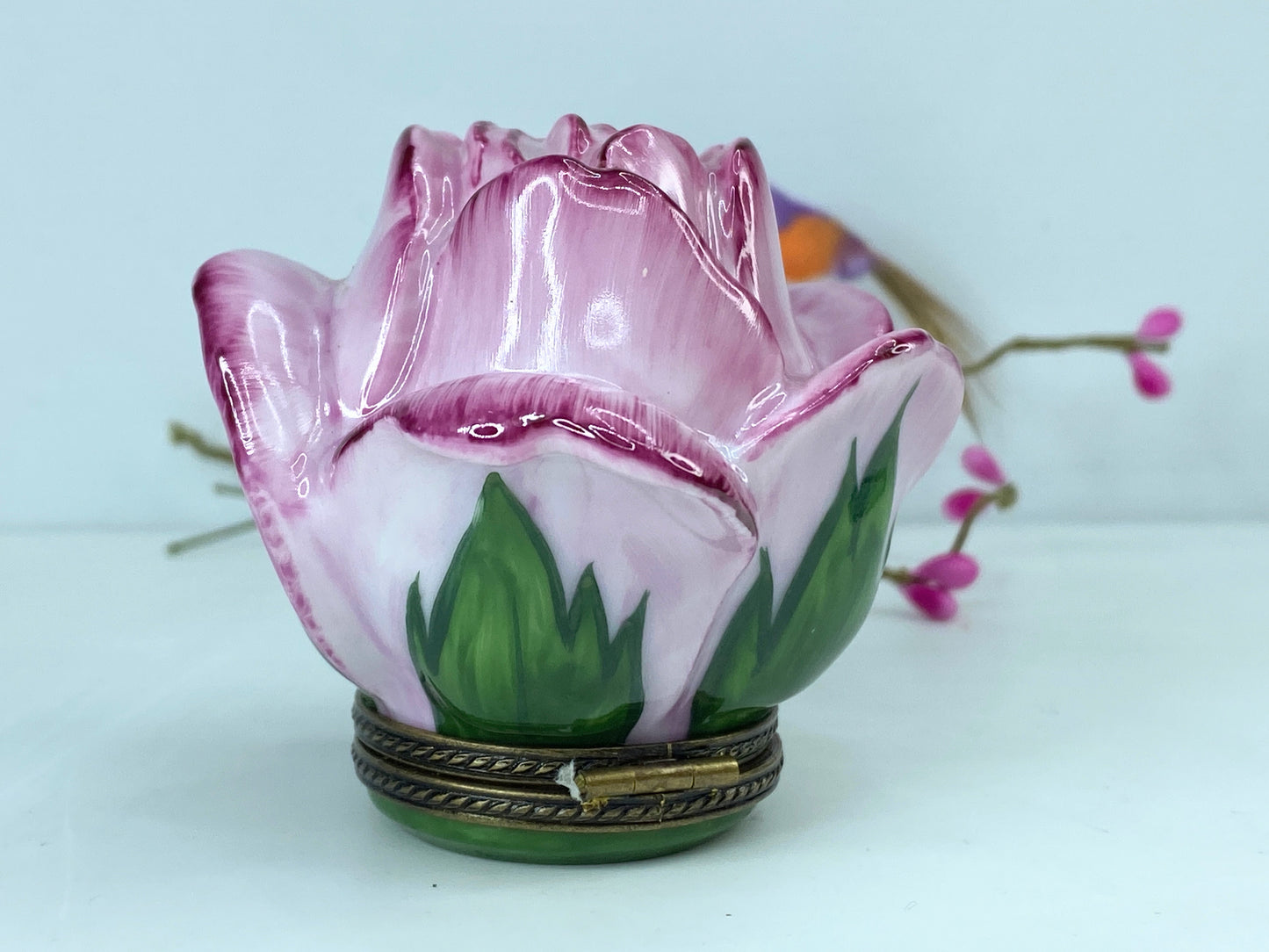 Ornate Signed BRC Limoges Peint Main Open Rose Bud Limoges trinket box A542