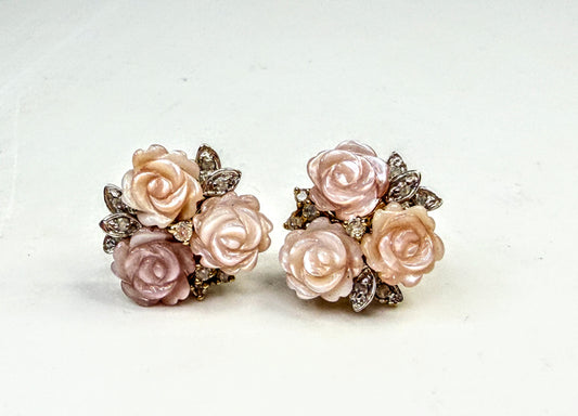 Vintage 14K Gold Carved MOP Rose Diamond Cluster Earrings 5.5g JR1583